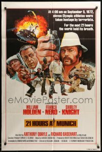 3p006 21 HOURS AT MUNICH int'l 1sh '76 cool art of William Holden, Franco Nero with grenade!