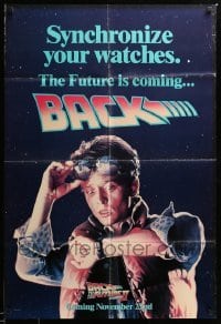 3p059 BACK TO THE FUTURE II teaser DS 1sh '89 Michael J. Fox as Marty, synchronize your watches!