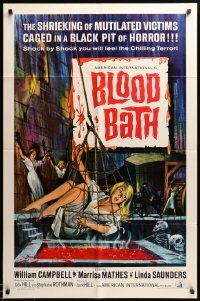 3p096 BLOOD BATH 1sh '66 AIP, cool artwork of sexy babe being lowered into a pit of horror!