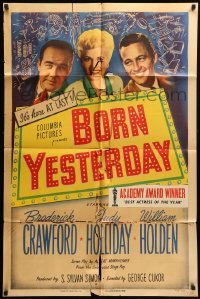 3p101 BORN YESTERDAY 1sh '51 headshots of Judy Holliday, William Holden & Broderick Crawford!