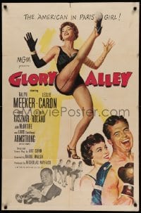 3p323 GLORY ALLEY 1sh '52 boxer Ralph Meeker, sexy Leslie Caron, Louis Armstrong playing trumpet!