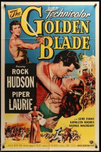 3p329 GOLDEN BLADE 1sh '53 close-up art of Rock Hudson & sexy Piper Laurie!