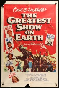 3p347 GREATEST SHOW ON EARTH 1sh '52 best image of James Stewart, Betty Hutton & Emmett Kelly!