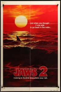 3p420 JAWS 2 teaser 1sh '78 art of man-eating shark's fin in red water at sunset, dated design!