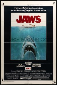 3p419 JAWS 1sh '75 artwork of Steven Spielberg's classic man-eating shark attacking sexy swimmer!