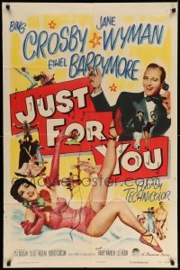 3p426 JUST FOR YOU 1sh '52 great image of Bing Crosby & sexy Jane Wyman on telephone!