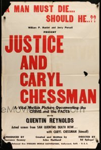 3p427 JUSTICE & CARYL CHESSMAN 1sh '60 actual scenes from San Quentins death row...!