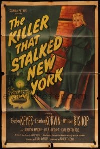 3p433 KILLER THAT STALKED NEW YORK 1sh '50 cool art of Evelyn Keyes standing on a window ledge!