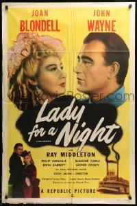 3p448 LADY FOR A NIGHT 1sh R50 romantic images of John Wayne, Joan Blondell + riverboat!