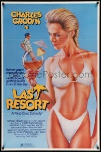 3p459 LAST RESORT 1sh '86 wacky sexy art of woman in bikini holding Charles Grodin in glass!
