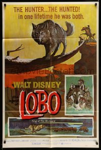 3p469 LEGEND OF LOBO 1sh R72 Walt Disney, King of the Wolfpack, cool artwork of wolf being hunted!