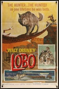 3p468 LEGEND OF LOBO 1sh '63 Walt Disney, King of the Wolfpack, cool artwork of wolf being hunted!