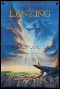 3p479 LION KING DS 1sh '94 Disney Africa jungle cartoon, Simba on Pride Rock with Mufasa in sky!