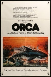 3p619 ORCA advance 1sh '77 artwork of attacking Killer Whale by John Berkey, it kills for revenge!