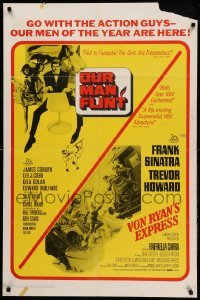 3p623 OUR MAN FLINT/VON RYAN'S EXPRESS 1sh '66 James Coburn, Frank Sinatra, action double-bill!