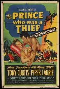 3p678 PRINCE WHO WAS A THIEF 1sh '51 romantic art of Tony Curtis & pretty Piper Laurie!