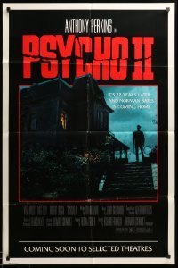 3p684 PSYCHO II advance 1sh '83 Anthony Perkins as Norman Bates, cool creepy image of classic house