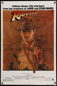 3p690 RAIDERS OF THE LOST ARK 1sh '81 great art of adventurer Harrison Ford by Richard Amsel!