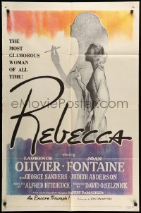 3p696 REBECCA 1sh R56 Alfred Hitchcock, close up of Laurence Olivier & pretty Joan Fontaine!