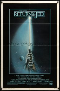 3p703 RETURN OF THE JEDI 1sh '83 George Lucas, art of hands holding lightsaber by Tim Reamer!