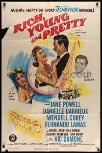 3p709 RICH, YOUNG & PRETTY 1sh '51 Jane Powell is romanced in Paris France!