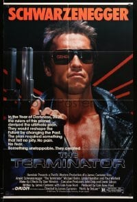 3p878 TERMINATOR 1sh '84 close up of classic cyborg Arnold Schwarzenegger with gun, border style!
