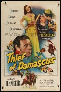 3p894 THIEF OF DAMASCUS 1sh '52 Paul Henreid, sexy full-length Elena Verdugo, Arabian Nights!