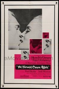 3p897 THOMAS CROWN AFFAIR 1sh '68 best kiss close up of Steve McQueen & sexy Faye Dunaway!