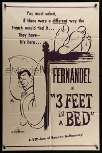 3p903 THREE FEET IN A BED 1sh '57 art of sleeping Fernandel, a bed-lam of boudoir buffoonery!