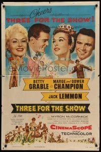 3p905 THREE FOR THE SHOW 1sh '54 Betty Grable, Jack Lemmon, Marge & Gower Champion!