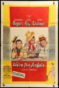3p968 WE'RE NO ANGELS 1sh '55 art of Humphrey Bogart, Aldo Ray & Peter Ustinov tipping hats!