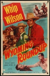 3p992 WYOMING ROUNDUP 1sh '52 great large image of Whip Wilson & sexy Phyllis Coates!