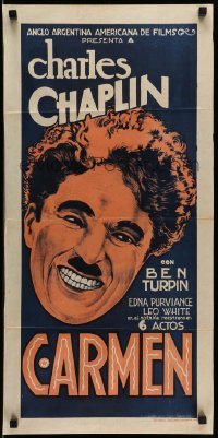 3t687 BURLESQUE ON CARMEN Argentinean 14x28 R20s different art of smiling Charlie Chaplin, rare!
