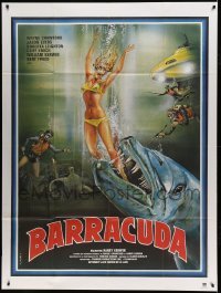 3y610 BARRACUDA French 1p '79 great Marty art of huge killer fish attacking sexy diver in bikini!