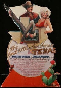 3y005 BEST LITTLE WHOREHOUSE IN TEXAS die-cut standee '82 Burt Reynolds & sexy Dolly Parton!