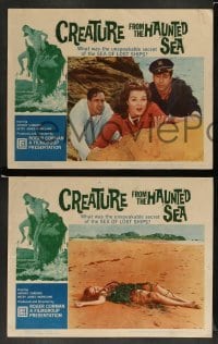 3z460 CREATURE FROM THE HAUNTED SEA 7 LCs '61 cool border art of huge sea monster & sexy girl!