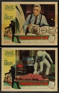 3z478 FRANKENSTEIN 1970 7 LCs '58 Boris Karloff by coffin & in operating room + monster in bandages!