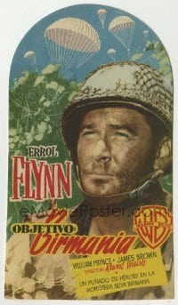 4a863 OBJECTIVE BURMA die-cut Spanish herald '45 c/u of paratrooper Errol Flynn in World War II!