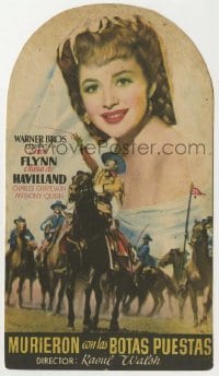 4a951 THEY DIED WITH THEIR BOOTS ON die-cut Spanish herald '47 Errol Flynn & Olivia De Havilland!
