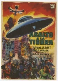 4a977 WARNING FROM SPACE Spanish herald '57 Japanese, different MCP art of UFO attacking city!