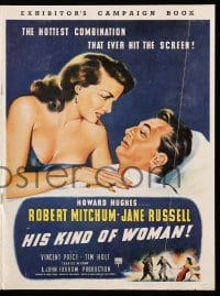 4a249 HIS KIND OF WOMAN English pressbook '51 art of Mitchum & sexy Jane Russell, Howard Hughes