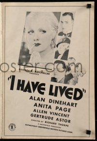 4a388 I HAVE LIVED pressbook '33 Alan Dinehart chooses bad girl Anita Page to star in his play!
