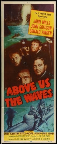 4c275 ABOVE US THE WAVES insert '56 art of John Mills & English WWII sailors at periscope in sub!