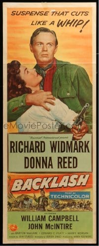 4c326 BACKLASH insert '56 Richard Widmark holds Donna Reed, suspense that cuts like a whip!