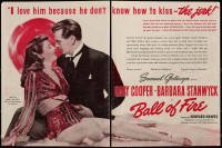 4d197 BALL OF FIRE magazine ad '41 Barbara Stanwyck loves Gary Cooper because he can't kiss!