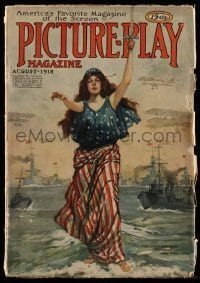 4d833 PICTURE PLAY magazine August 1918 art of Lady Liberty walking among war ships!