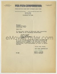 4d244 20TH CENTURY FOX 9x11 studio booking letter '28 from the company to a theater owner!