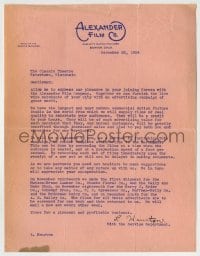 4d246 ALEXANDER FILM COMPANY 9x11 studio booking letter '24 from the company to a theater owner!