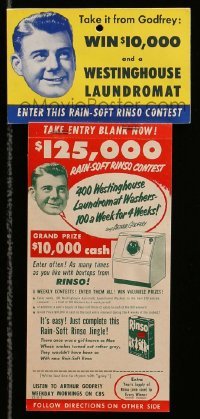 4d073 ARTHUR GODFREY 5x11 advertising display '51 Rinso/Westinghouse Laundromat Washer giveaway!