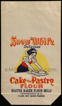 4d095 SNOW WHITE & THE SEVEN DWARFS 9x15 flour sack '50s Delicious Cake & Pastry Flour!